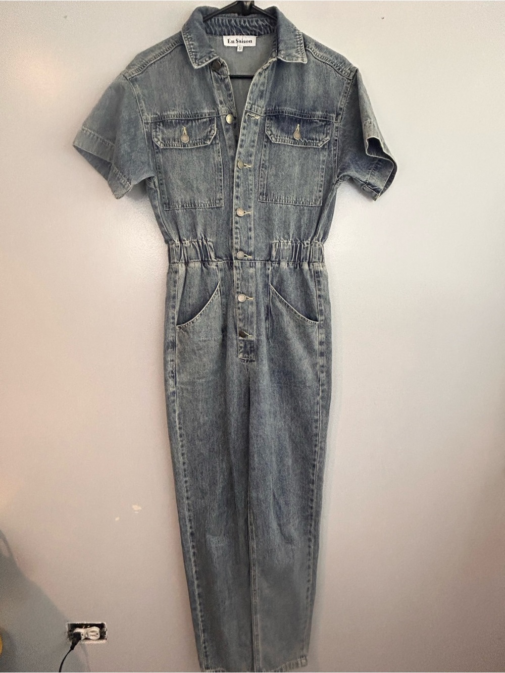 En Saison Blue Denim Short Sleeve Button Up Jumpsuit Size XS Eighties Retro